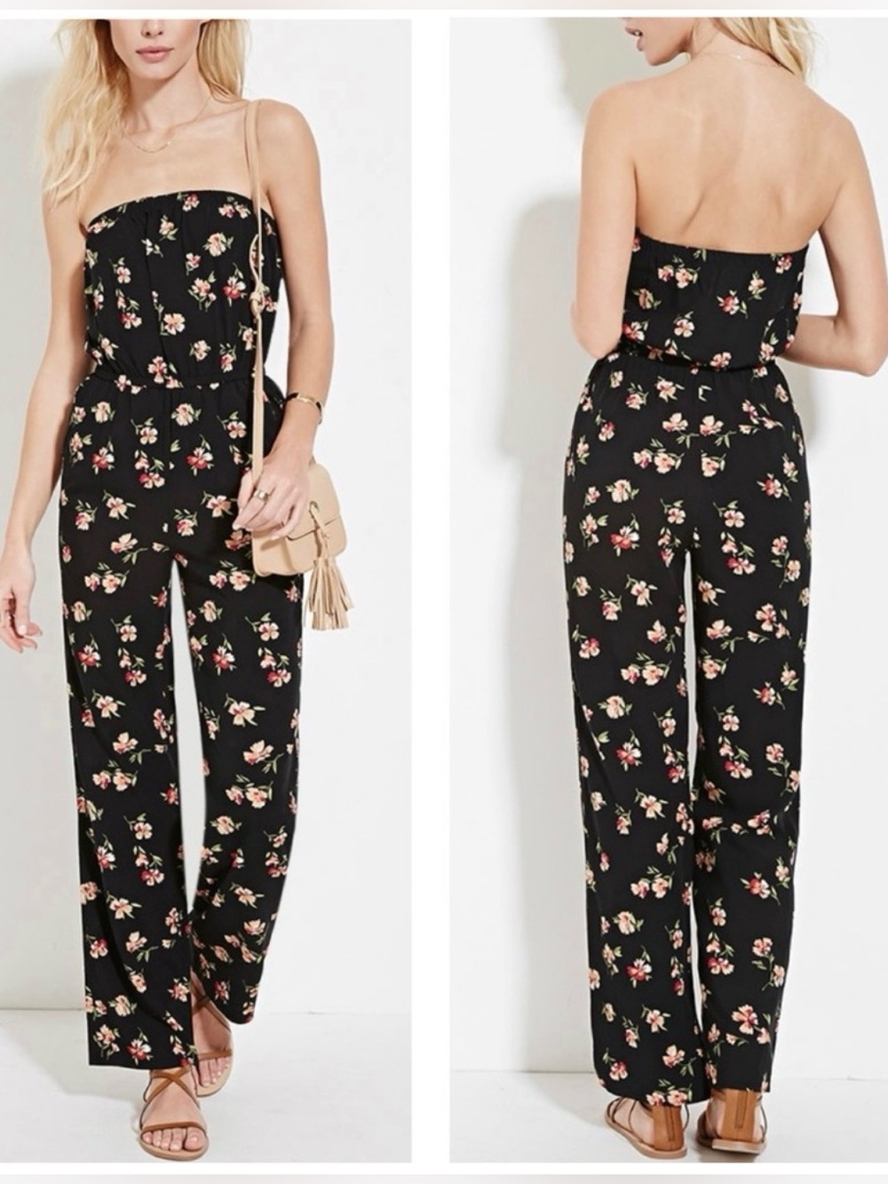 Forever 21 Black Floral Strapless Jumpsuit Size Large Wide Leg